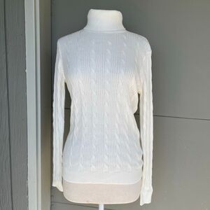 Lands’ End Lighthouse Ivory Cotton Cable Knit Turtleneck Sweater NWT M
